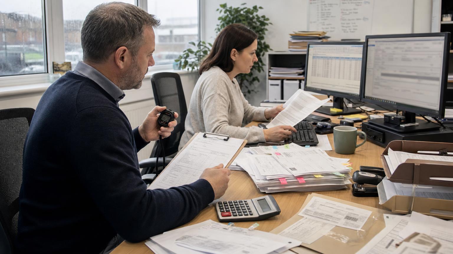 An operations manager times and records a colleague rekeying data from an anonymised supplier invoice into office systems in a naturally lit UK SME workplace.